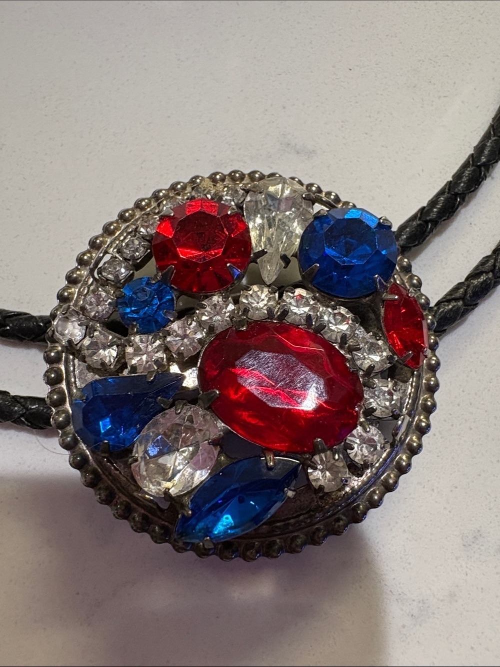 Crystal Bolo Tie Necklace with Red and Blue Gemstones - Picture 5 of 5